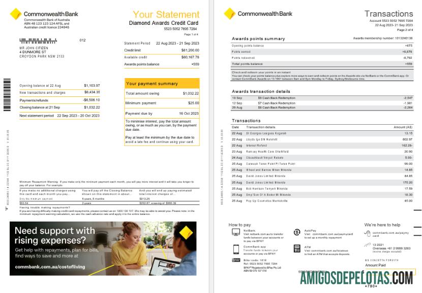 Extrato de cartão de crédito do Australia NSW Commonwealth Bank Diamond Awards, 4 páginas Scr1 amostra